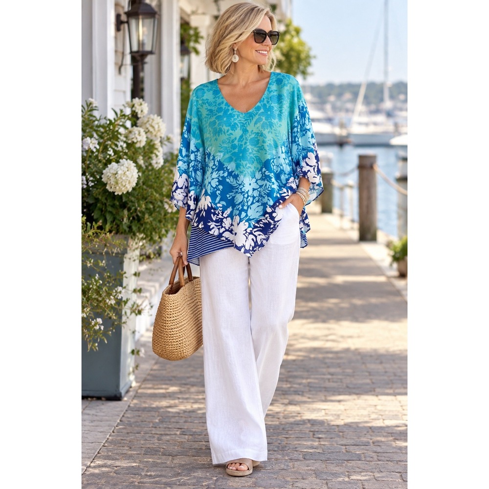 Ruby Rd Women's Large Teal Blue Floral Layered Poncho Top V Neck